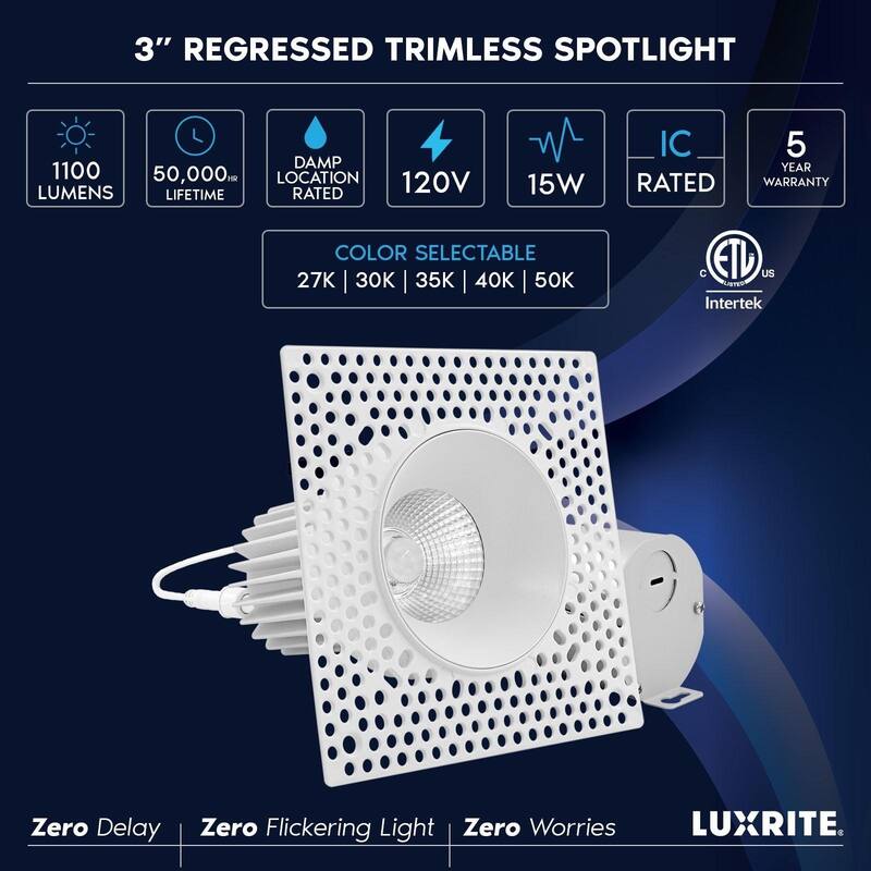 Luxrite 3 Inch Trimless LED Recessed Light, 15W, 1100LM, 5CCT 2700K-5000K, Damp & IC Rated, ETL