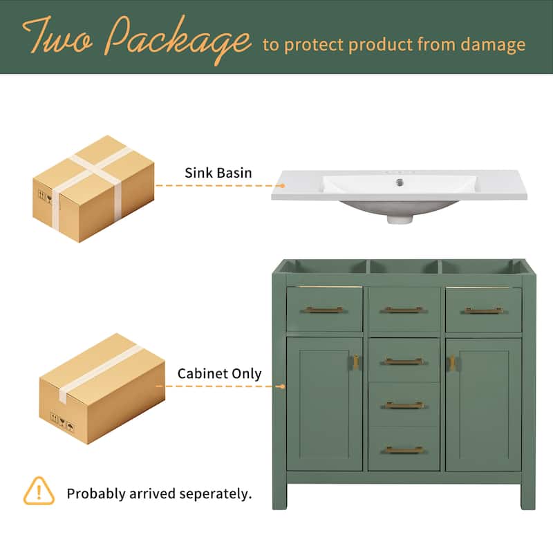 36'' Bathroon Vanity with Resin Sink, Freestanding Bathroom Vanity Cabinet with 4 Drawers, 2 Cabinets and 2 Soft Close Doors