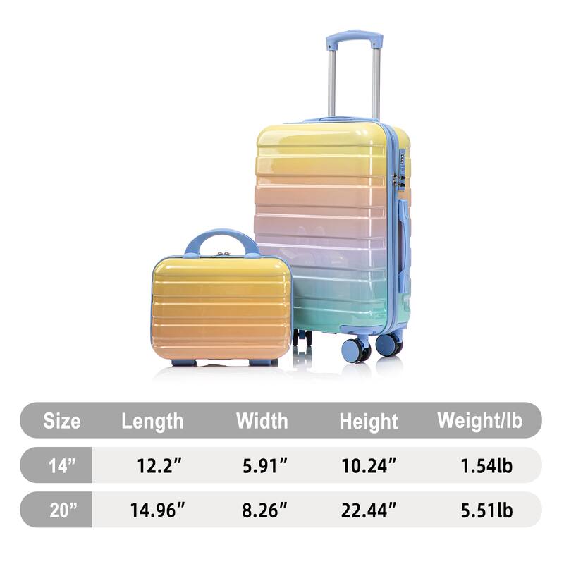 14In 20In 2 pcs in PC Spinner Wheel Luggage, Carry on Suitcase, With Gradient Color and Combination Lock