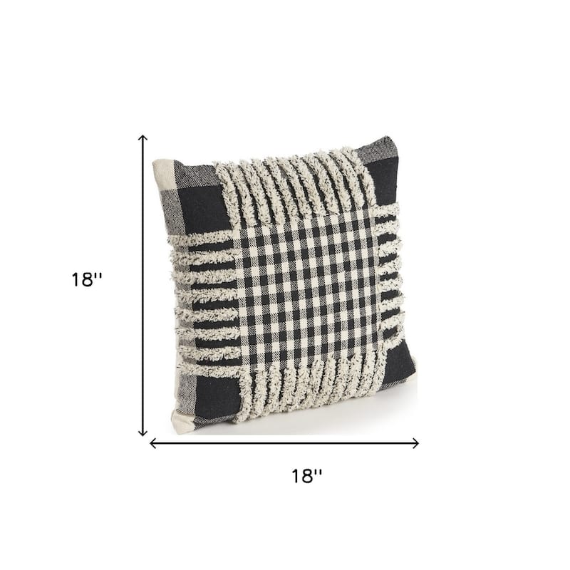 Set of Two Black and Ivory Plaid Cotton Throw Pillow With Fringe