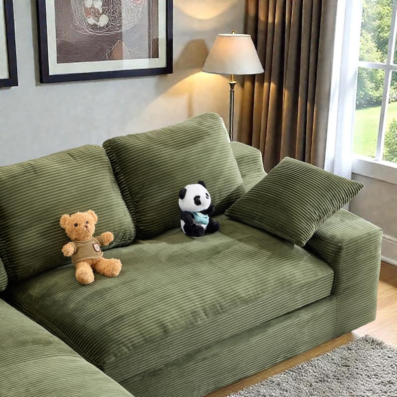 Corduroy Compressed Sofa Couch with 3 Back Cushions and 2 Throw Pillows, Soft Cloud Sofa for Living Room