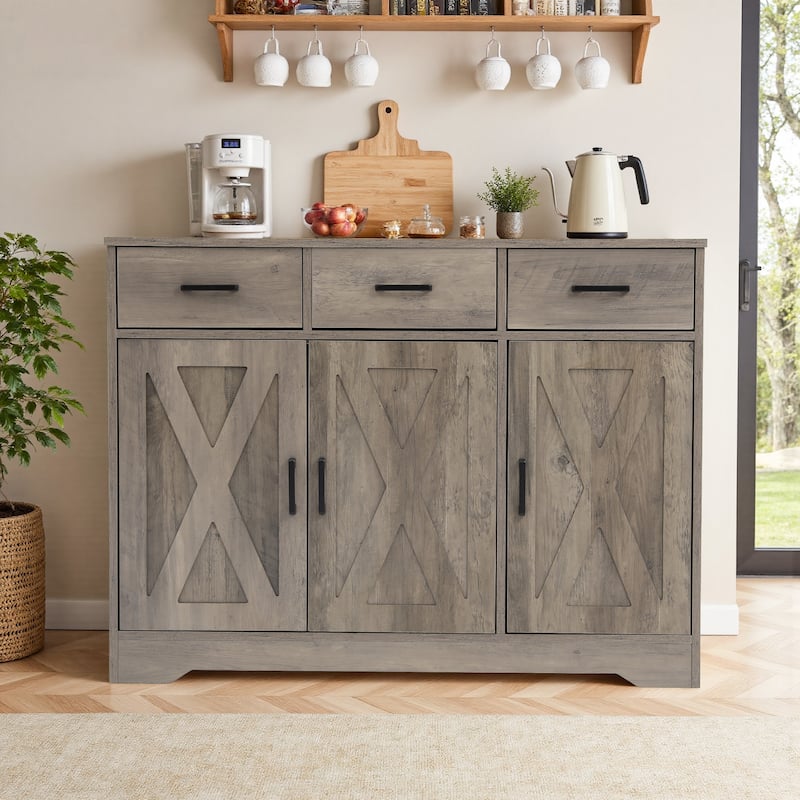 Barn Door Buffets Storage Cabinet Sideboards with 3 Drawers - Wash Gray