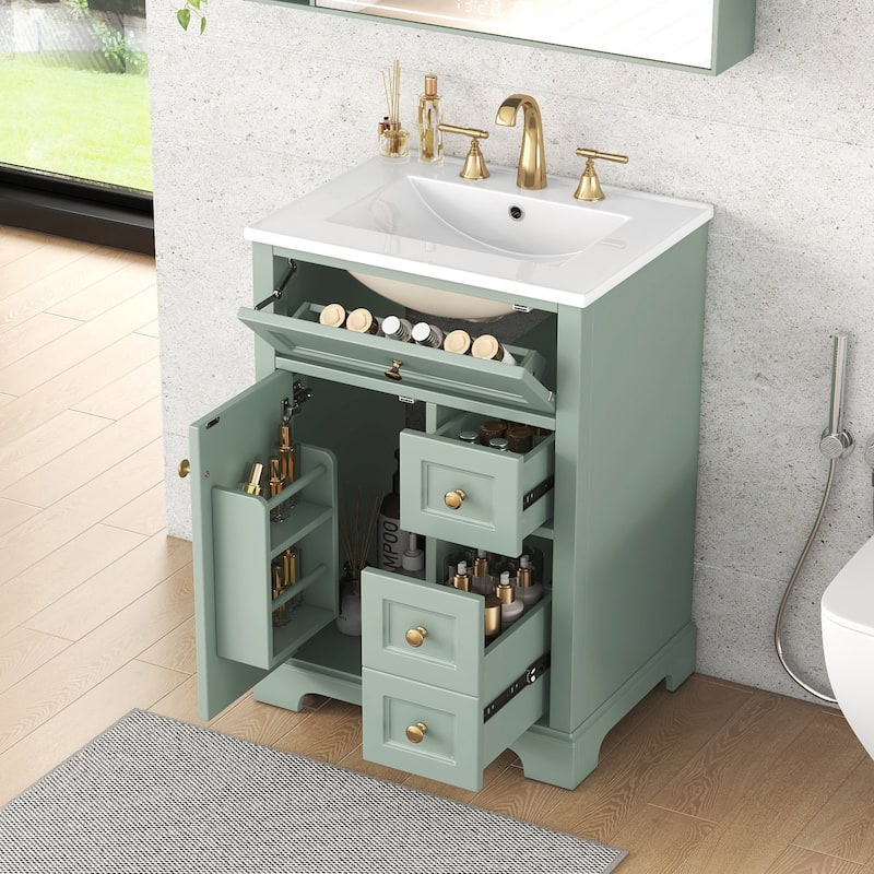 24" Bathroom Vanity with Sink, MDF & Pinewood Construction, 3 Drawers & Cabinet with 2-Tier Door Storage Rack, Soft-Close