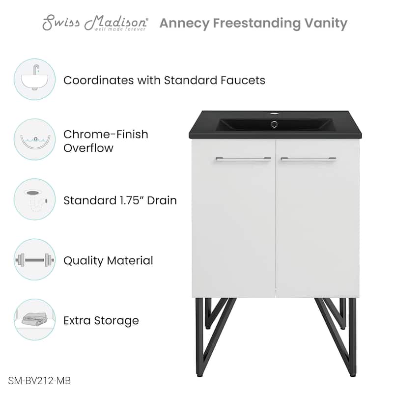 Annecy 24 In. White Bathroom Vanity With Black Ceramic Sink Top