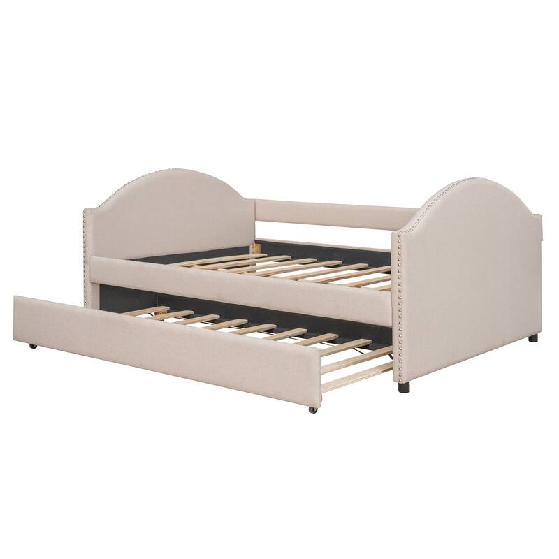 Upholstered Daybed with Trundle, Wood Slat Support