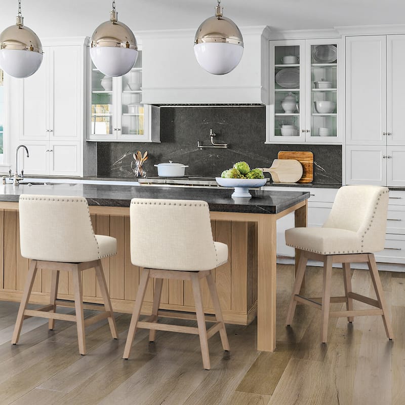 26 in. Modern Wood Frame Counter Stools Fabric/Faux Leather Swivel Bar Stools Upholstered Island Stools - Set of 3 - Beige/Fabric