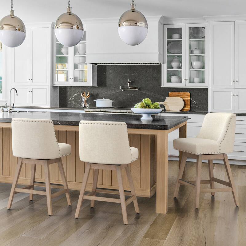 Modern 26 in. H Counter Height Bar Stools Upholstered 360 Free Swivel Counter Stools with Nailhead Trim - Set of 3 - Beige
