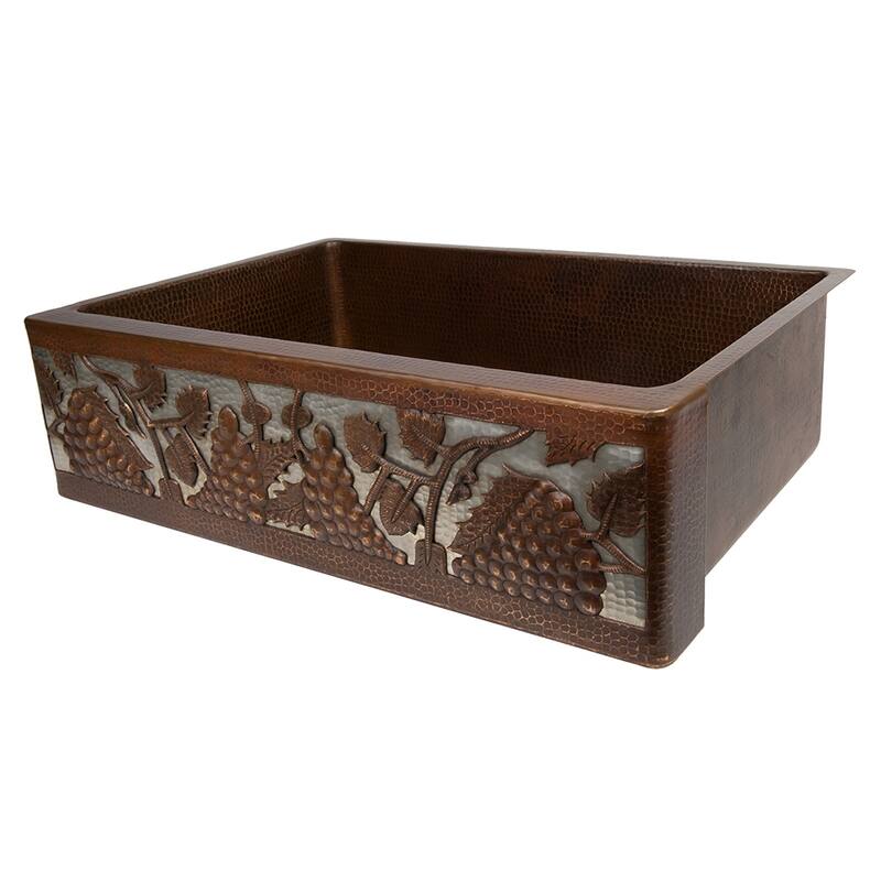 33-in Hammered Copper Apron Front Single Basin Kitchen Sink w/ Vineyard Design and Nickel Background (KASDB33229G-NB)