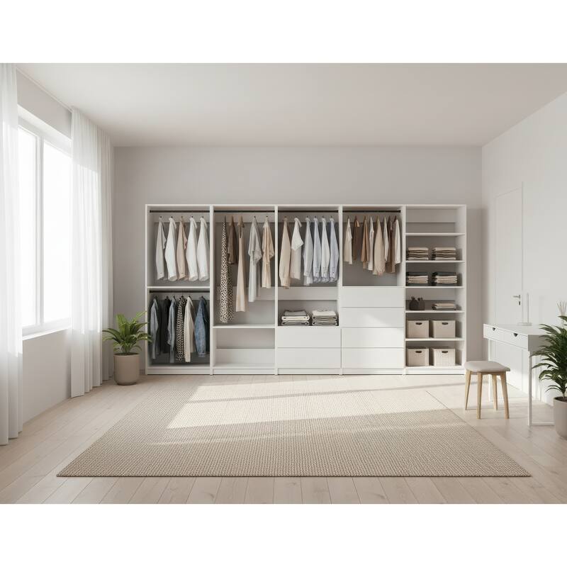 Prosper White Freestanding Walk in Wood Closet System - 157"W x 15.7"D x 83" H