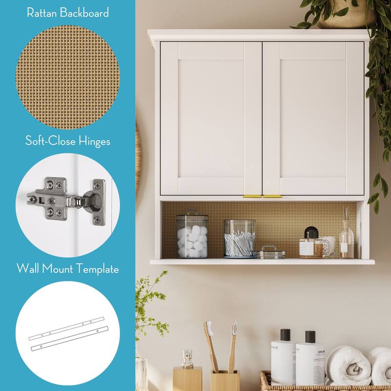 Shorewood Two-Door Wall Cabinet with Rattan Backboard – White