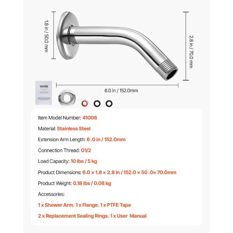 Chrome Stainless Steel 6 Inch Shower Head Extension Arm with Universal Thread - 6.0 x 1.8 x 2.8 in
