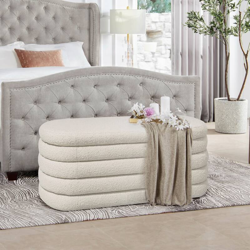 Fuji 49" Boucle Faux Sherpa Upholstered Tufted Oval Storage Bench - Ivory White