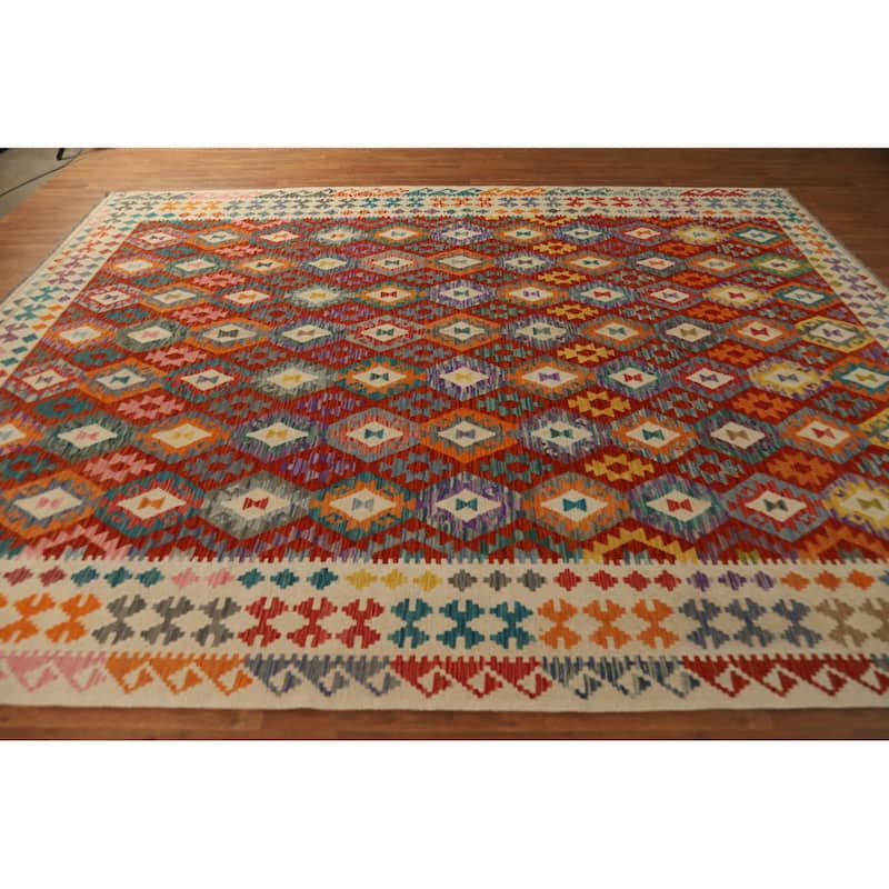 All-Over Geometric Kilim Oriental Area Rug Hand-Woven Wool Carpet - 9'2"x 11'3"