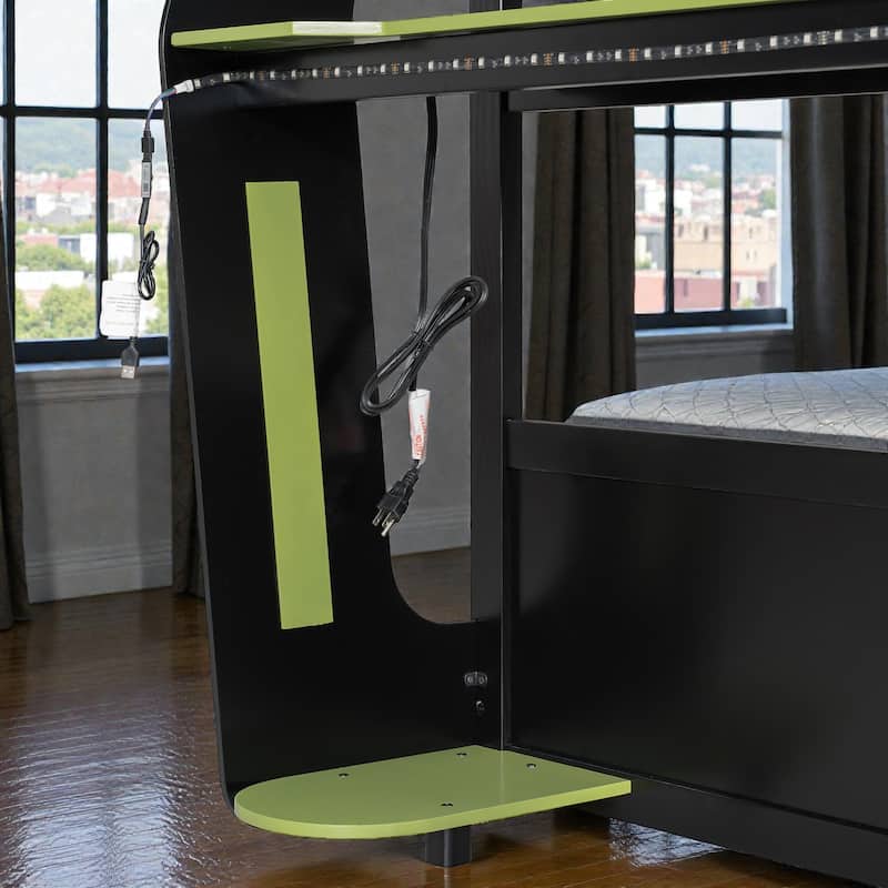 Full Size Gaming Loft Bed with RGB Desk, USB Charging Ports, LED Lights, Heavy Duty Esports Bunk Bed