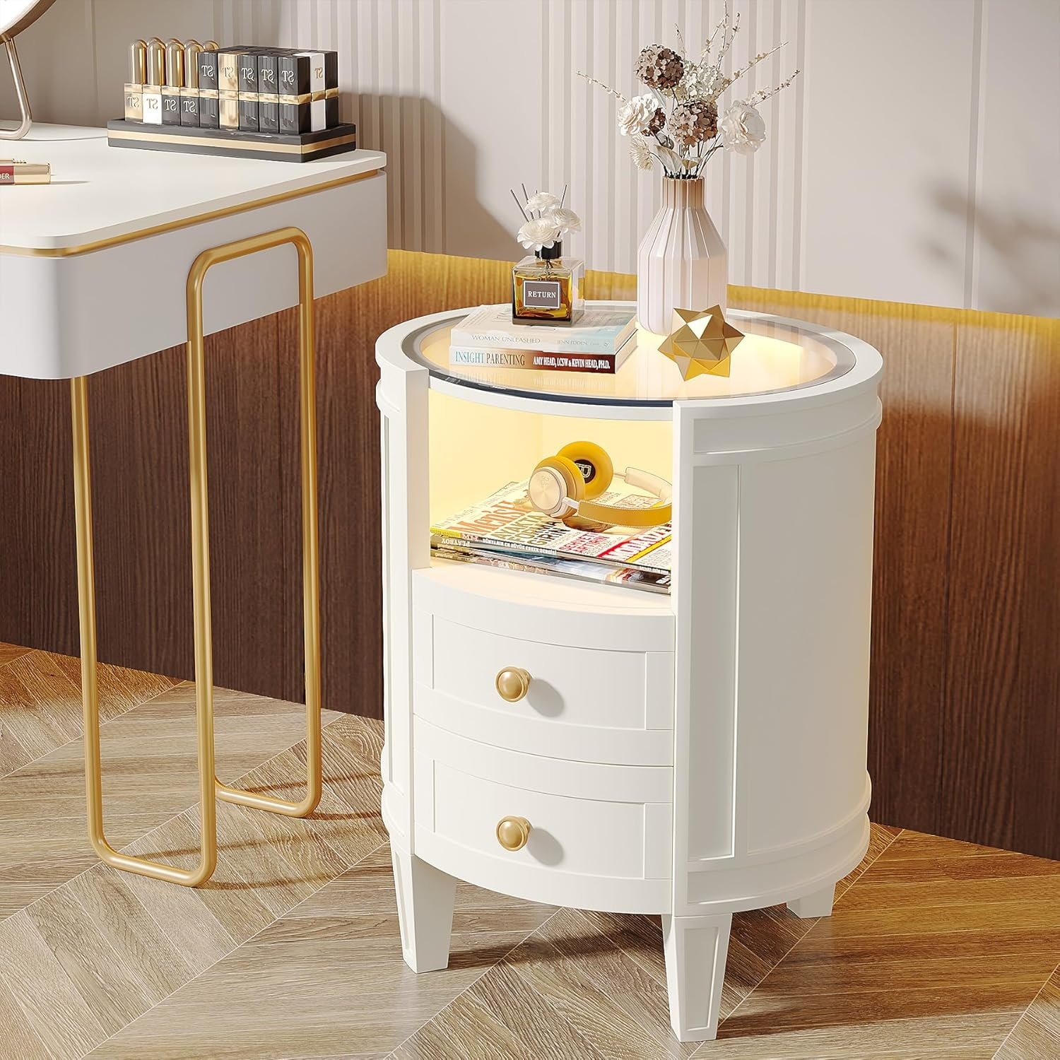 Oval White Nightstand Bedside Table with 2 Drawers and Light
