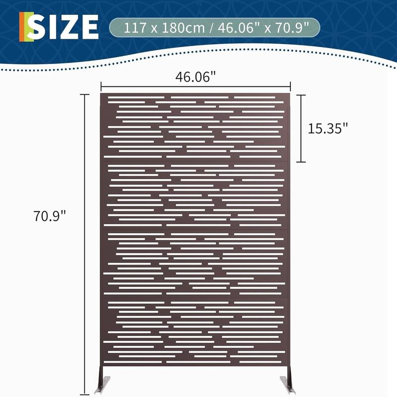 1PCS 72 in H x 46 in W Metal Privacy Screen Panel Freestanding Outdoor Divider with Stand Stripe02-Brown