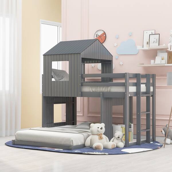 slide 2 of 9, Wooden Twin Over Full Bunk Bed with Playhouse Design and Quality Construction Gray