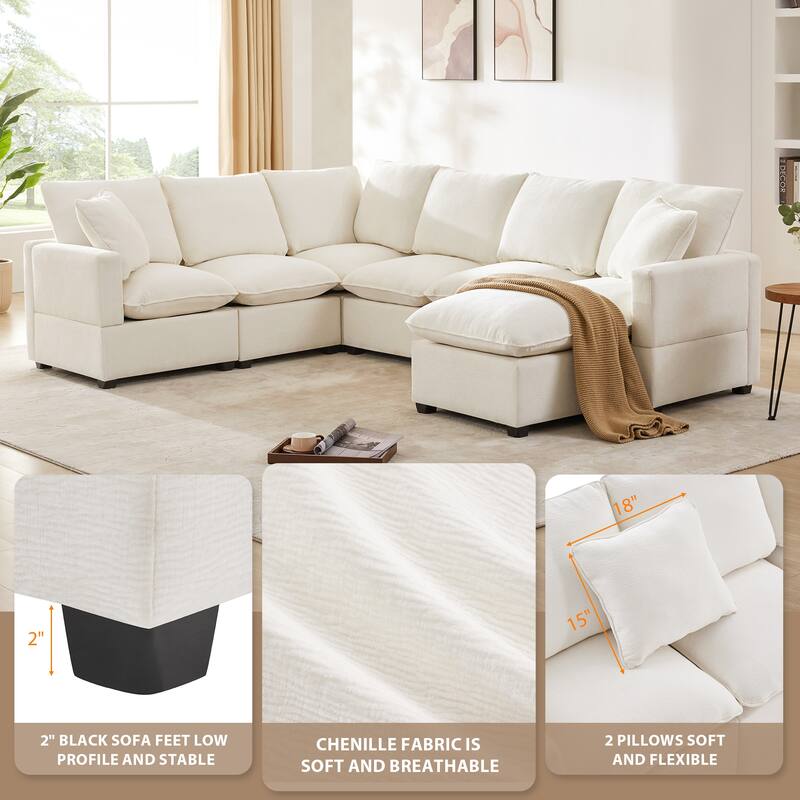 Modular Cloud Sofa Sets for Livingroom Apartment, Modern Chenille Sectional Sofa with 2 Pillows, Freely Combinable Couch - White