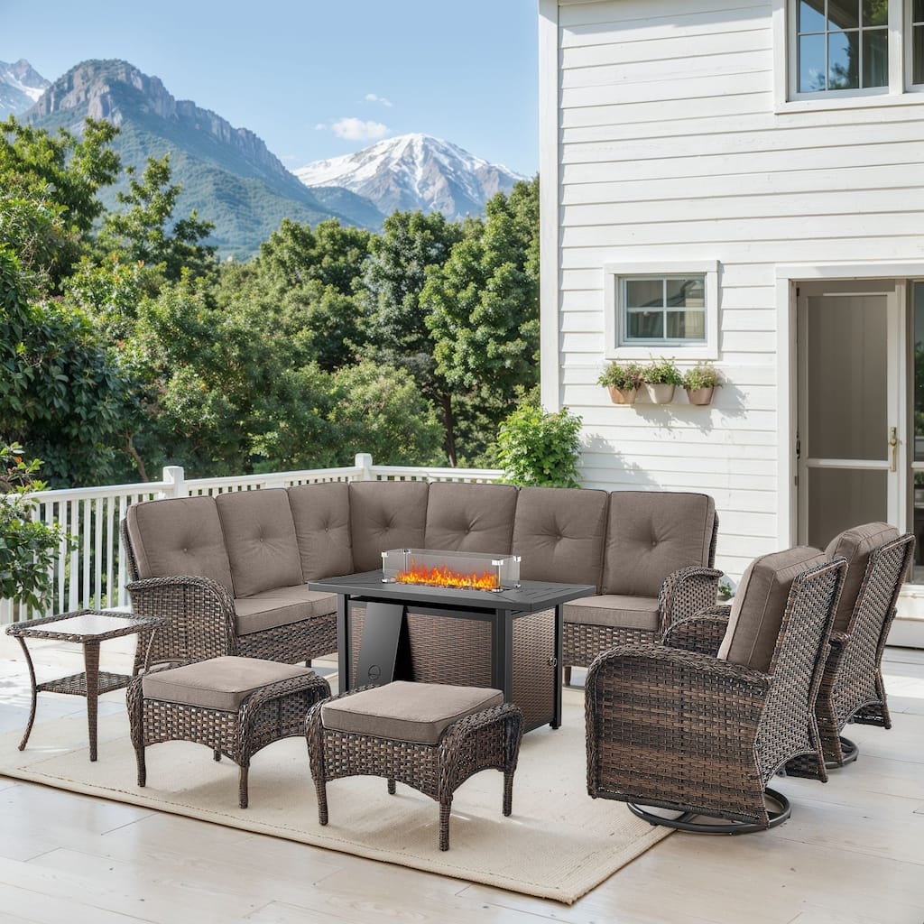 Fire Pit Table with Sectional Sofa Swivel Chairs Ottomans -Grey - Brown