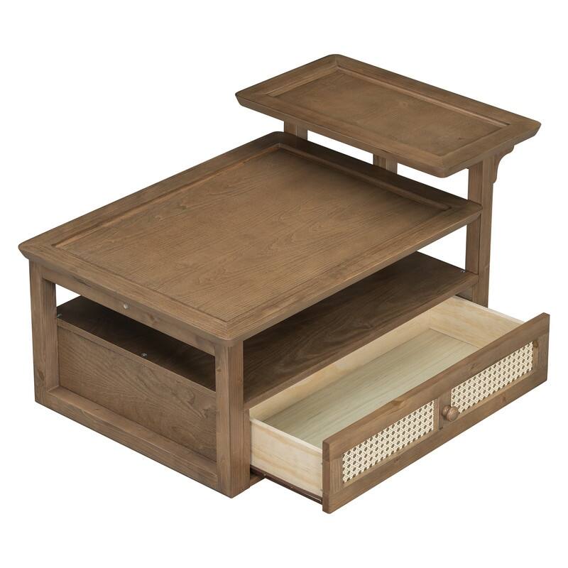 Modern Coffee Table, Coffee Table with 1 Storage Shelf, 2 Tabletops and 1 Rattan Drawer For Living Room