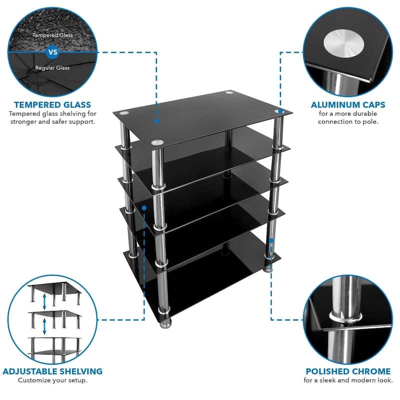 Mount-It! Tempered Glass AV Component Media Stand, Audio Tower and Media Center with 5 Shelves - Black