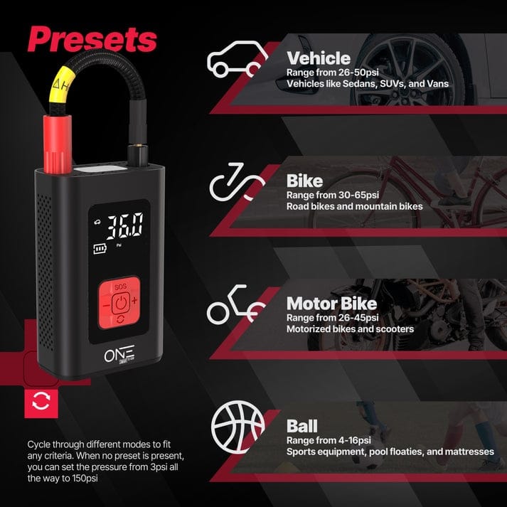 ONE Tire Inflator Portable Air Compressor, 150PSI Portable Air Pump for Cars, Bikes, Motor Bikes and Balls, 5200mAh/7.4V battery
