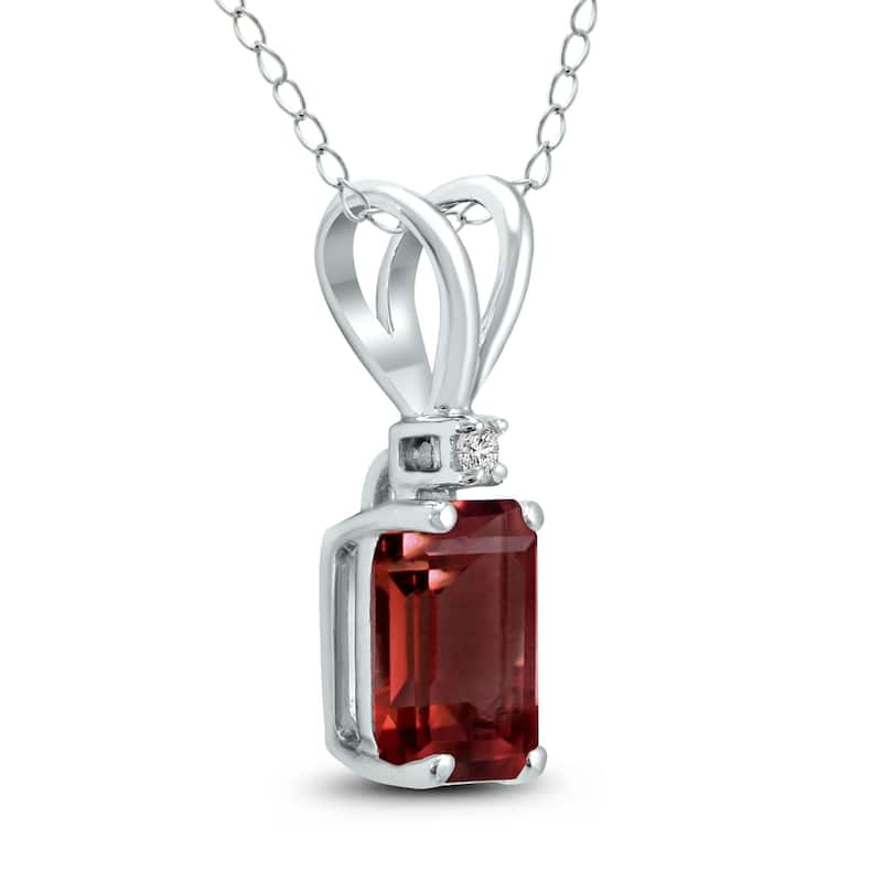 Marquee 14K White Gold 7x5MM Emerald Shaped Garnet and Diamond Pendant