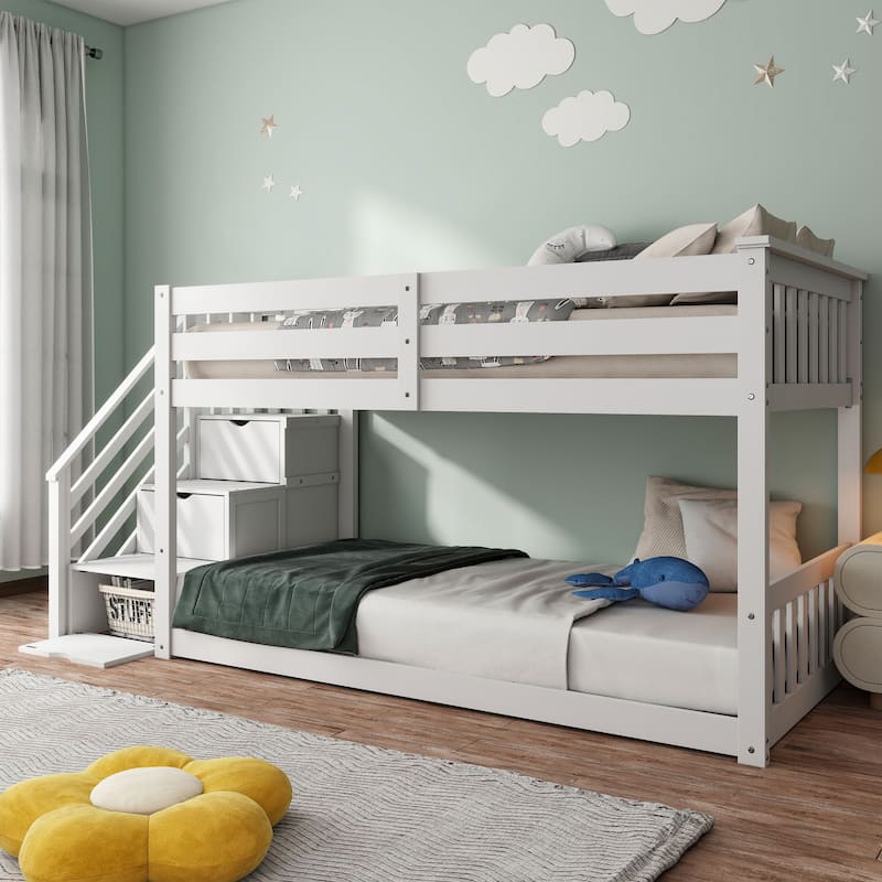 Furniture of America Chalina Modern Pinewood Twin over Twin Low Profile Bunk Bed with 3-Drawer Reversible Storage Staircase