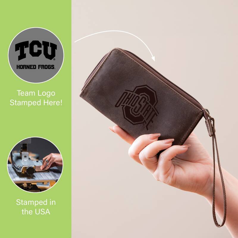 Brown Leather Cell Phone Wristlet Wallet, Texas Christian University - 4" x 7"