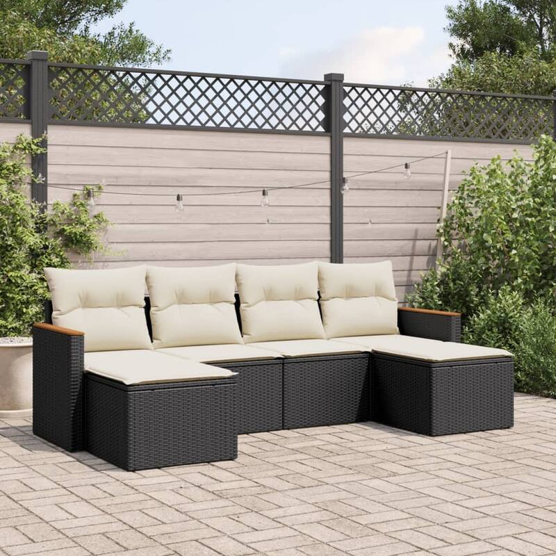 vidaXL Patio Sofa Set with Cushions Outdoor Conversation Furniture Poly Rattan - Black and cream without table - 24.4 x 24.2 x 27.2 in