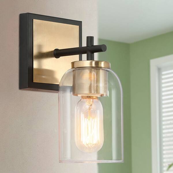 slide 2 of 7, Modern Farmhouse Black Gold 1-Light Wall Sconces with Cylinder Glass Shade - 4"L x 6"W x 9.5"H