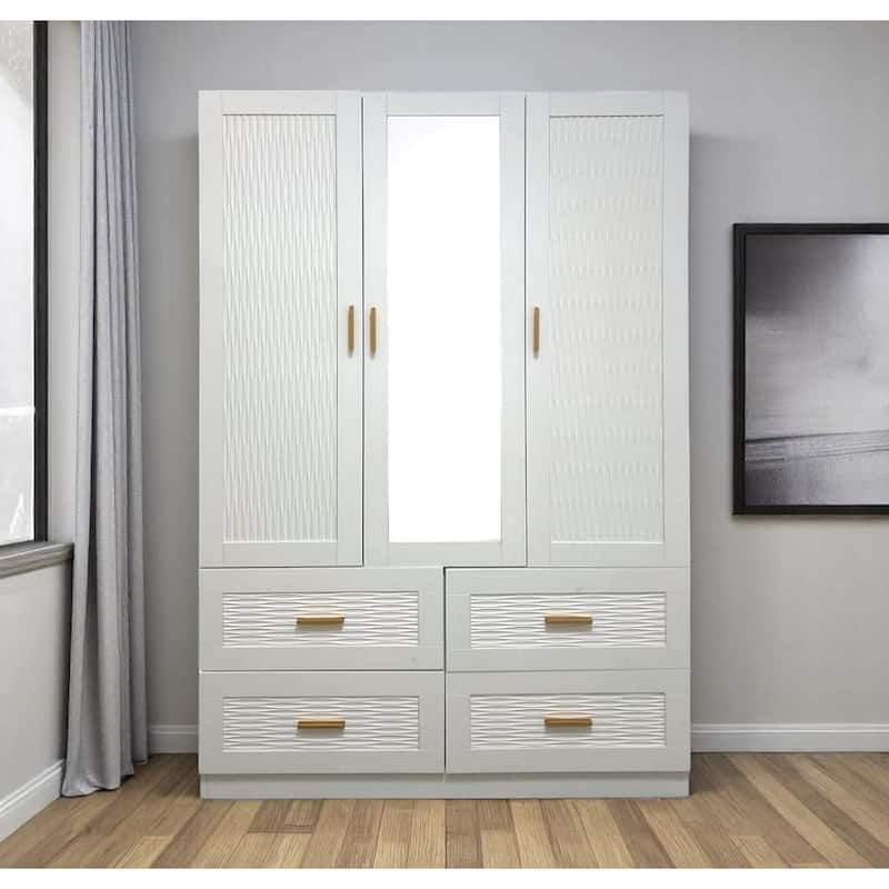 HomeRoots 75" White Ribbed Texture Wood Mirrored Three Door Four Drawer Combo Dresser - White - 4-drawer
