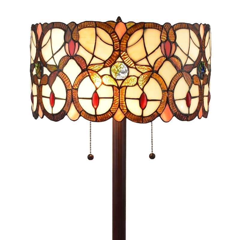 HomeRoots 63" Beige Metal Two Light Torchiere Floor Lamp With Red And White Flowers Glass Drum Shade - 16