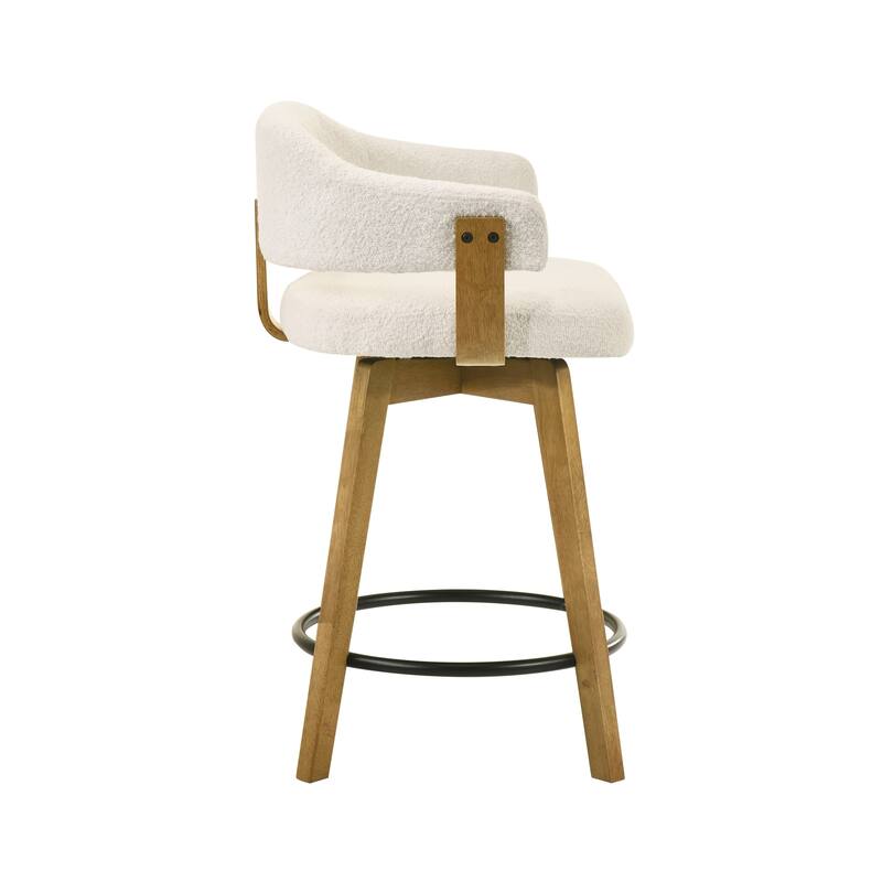 Callah Natural Wood Bar Stool, Counter Height Kitchen Stool in Amber Glow Finish with White Boucle Fabric Upholstered Seat