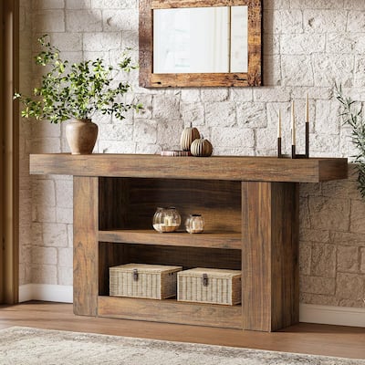 63-Inch Console Table, 3-Tier Farmhouse Entryway Table with U-Shaped Base for Entrance, Hallway, Living Room Foyer, Brown