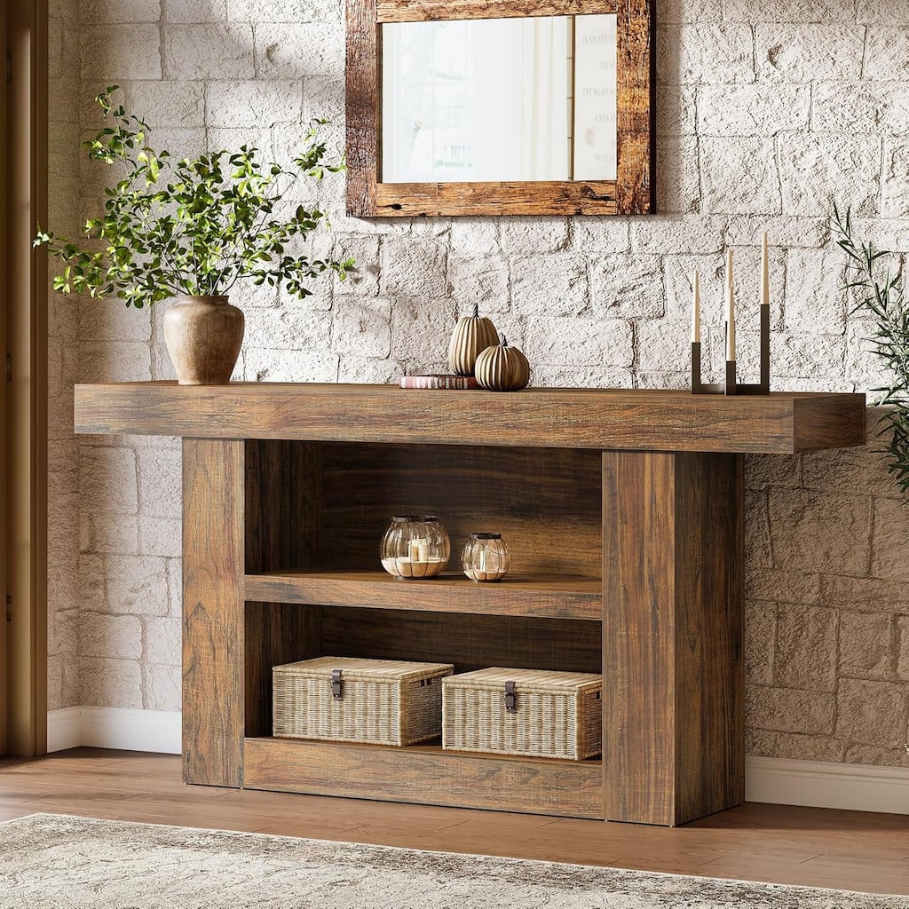 63-Inch Console Table, 3-Tier Farmhouse Entryway Table with U-Shaped Base for Entrance, Hallway, Living Room Foyer, Brown