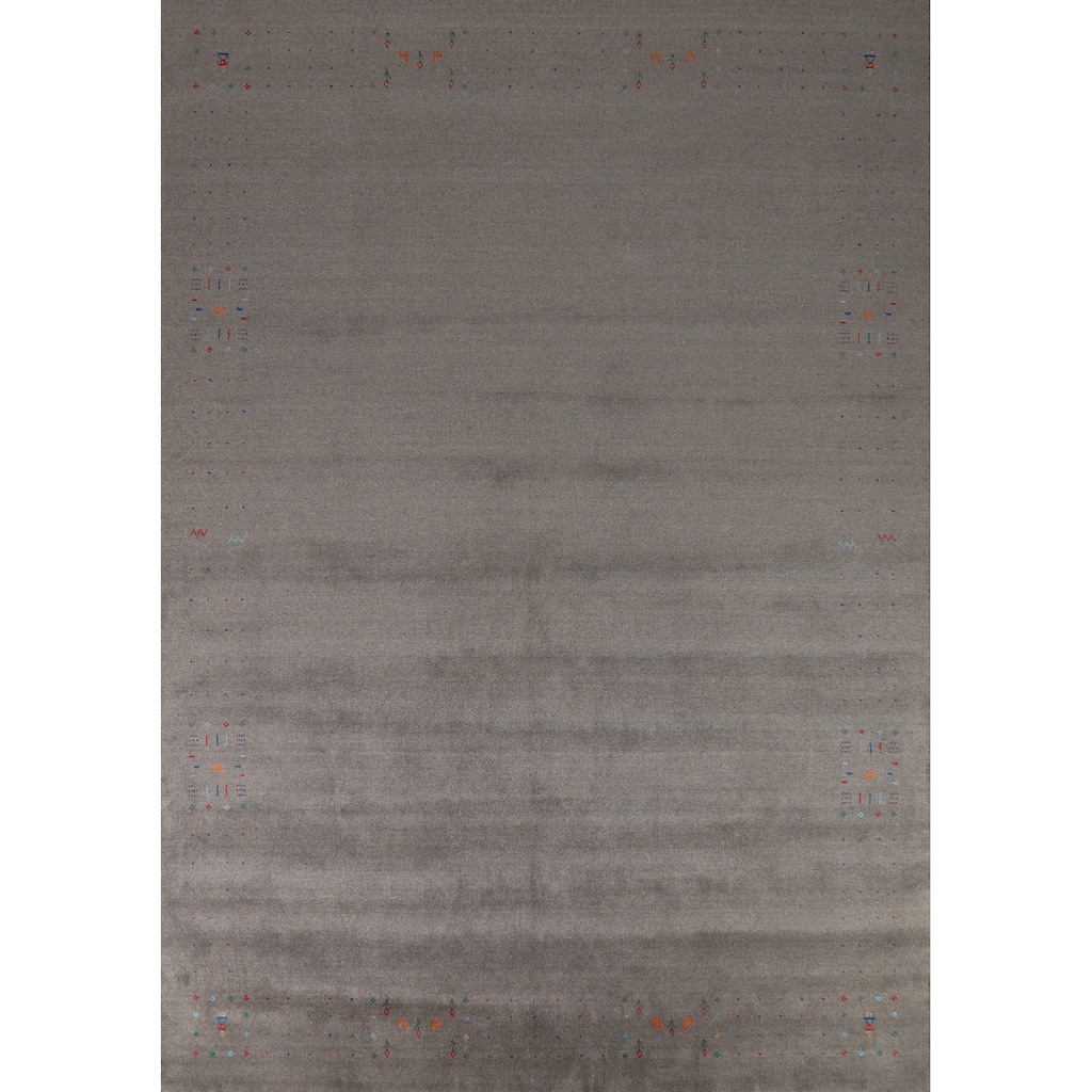 Hand Knotted Oriental 100% Wool Carpet Tribal Solid Greys & Charcoal Gabbeh Area Rug - 12' 5'' X 9' 3''