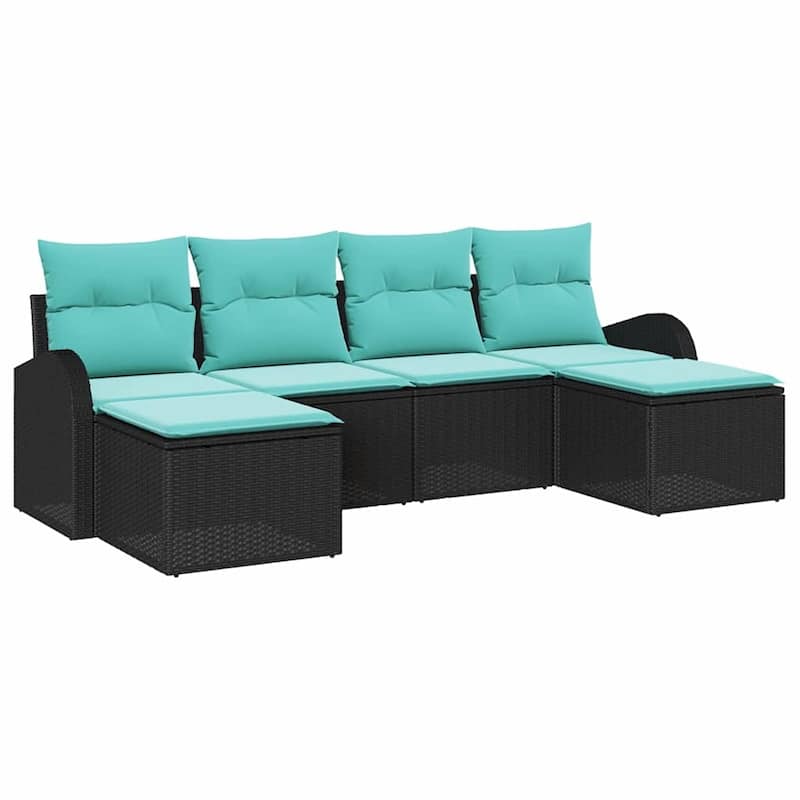 vidaXL 6 Garden Sofa Set with Cushions Black Poly Rattan - 92.1 x 46.1 x 27.2