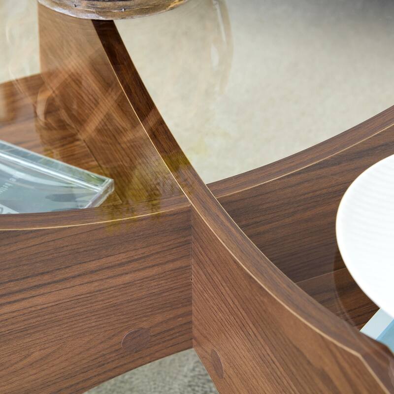 GDFStudio Marcellus Tempered Glass Coffee Table with Wood Legs and Fan-Shaped Pedestal Design