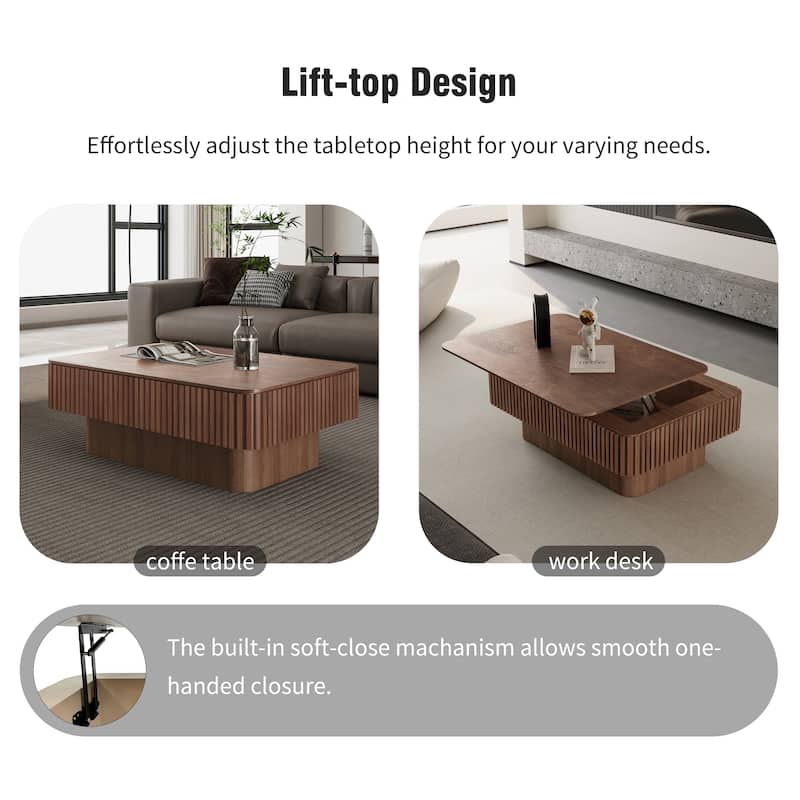 38.6" Fluted Lift-top Coffee Table, Coffee Table Accent Tea Table with Storage and Adjustable Height for Living Room