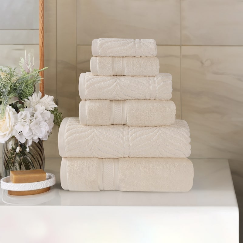 Superior Chevron Zero Twist Solid and Jacquard Cotton 6 Piece Towel Set - Ivory