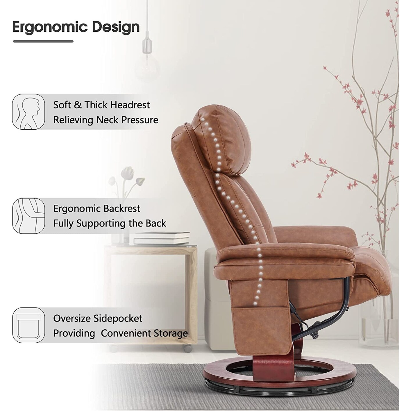 Mcombo leather soft swiveling recliner chair with wrapped discount swiveling wood base and matching ottoman