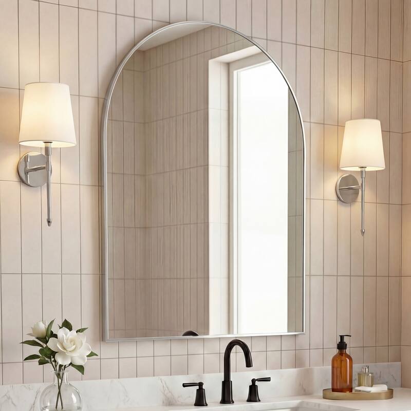 JONATHAN Y Elodie Arched Metal Framed Wall Mounted Mirror - Nickel - 40 H x 28 W x 1.5 D