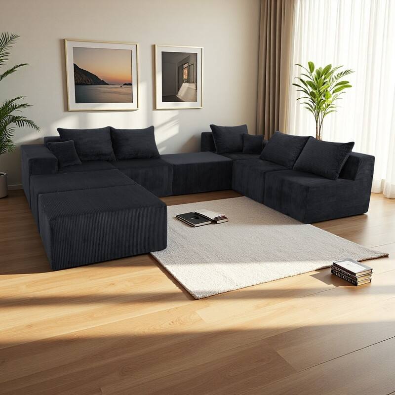 155" Corduroy 8-Piece Modular U-Shaped Sectional Sofa with Ottoman Included, Convertible Bed and No Assembly Needed - Black