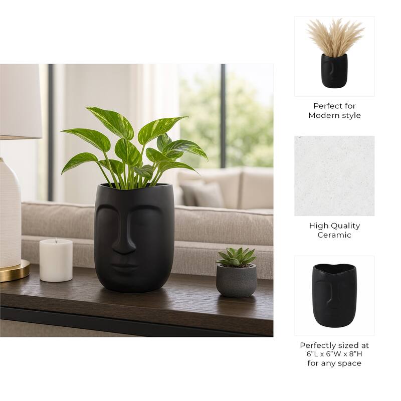 6" Ceramic Planter Vase, Face Design Vase in Black Planter Pot for Succulents and Plants, Indoor or Outdoor Ceramic
