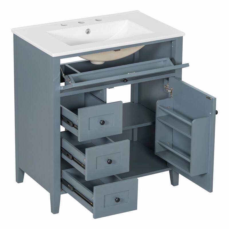 Bathroom Vanity with Sink, Modern MDF and Rubberwood Cabinet with 3 Drawers and Adjustable Shelf