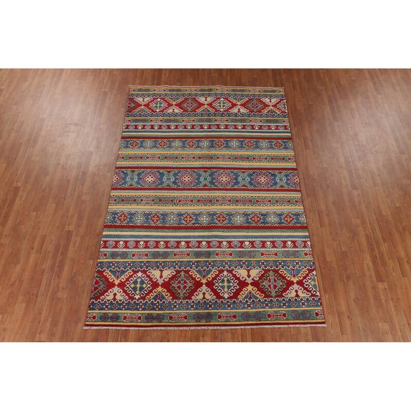 Striped Oriental Kazak Area Rug Hand-Knotted Wool Carpet - 6'7" x 9'9"