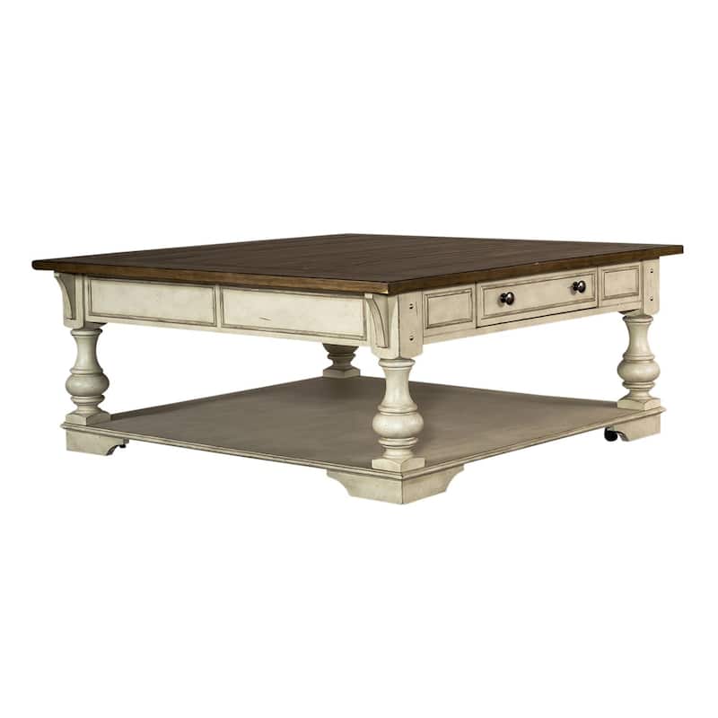 Morgan Creek Antique White Wire Brushed Tobacco Accents Drawer Square Cocktail Table