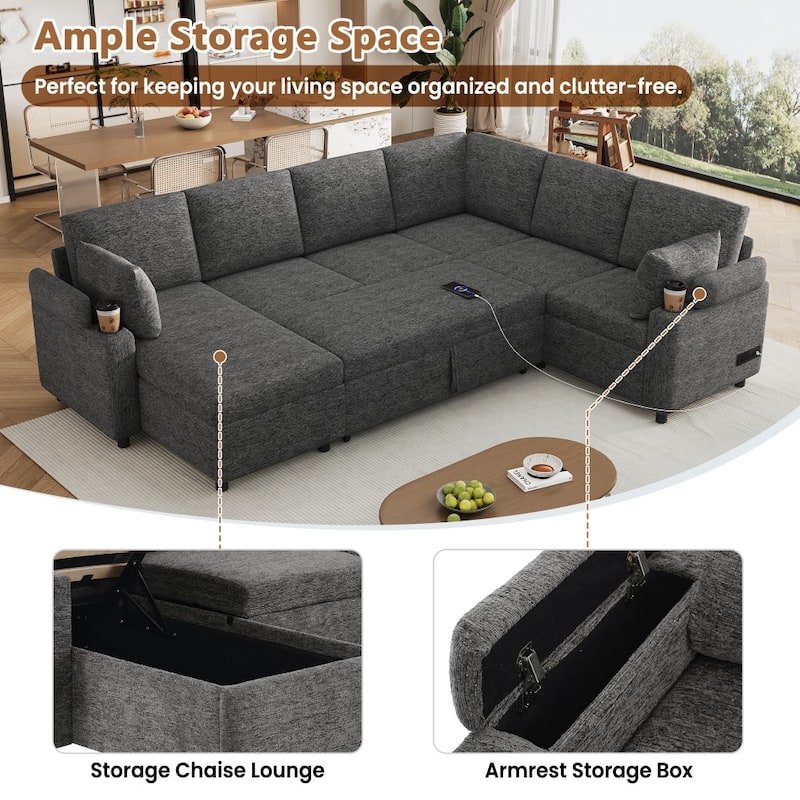 109.9" Modern U-shaped Sleeper Sectional Sofa with Two Cup Holders and Charging Ports
