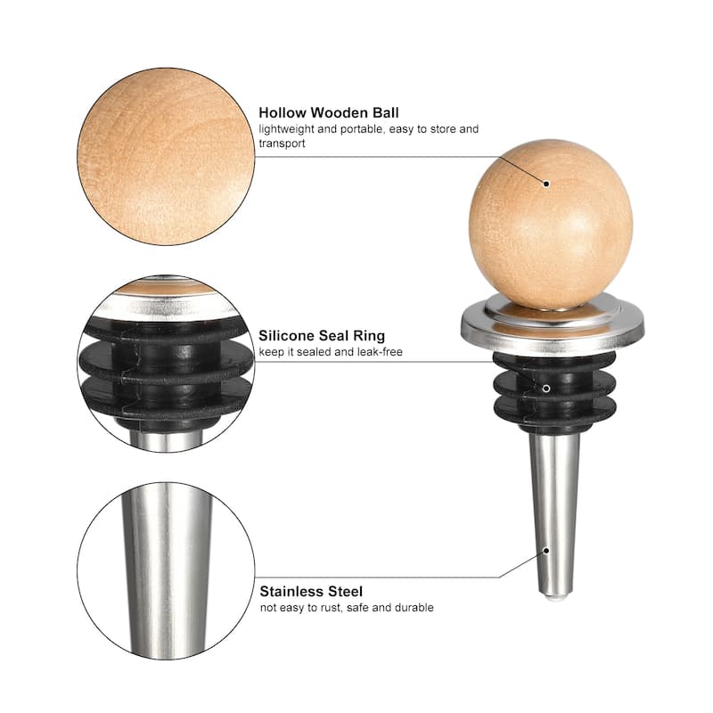 2pcs Stainless Steel Wine Bottle Stopper with Wood Ball for Beer - Silver